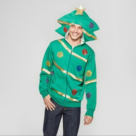 Mens Ugly Sweater Christmas Tree Zip Up 